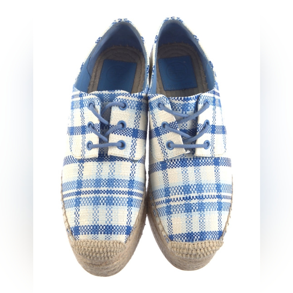 Tory Burch Florence Platform Espadrilles Plaid White Blue Jute Lace Up